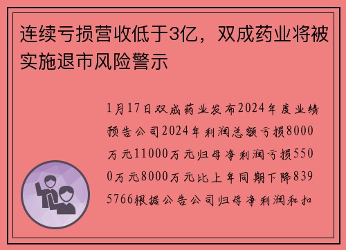 连续亏损营收低于3亿，双成药业将被实施退市风险警示