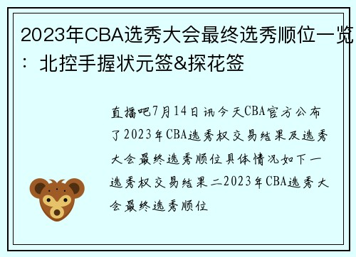 2023年CBA选秀大会最终选秀顺位一览：北控手握状元签&探花签