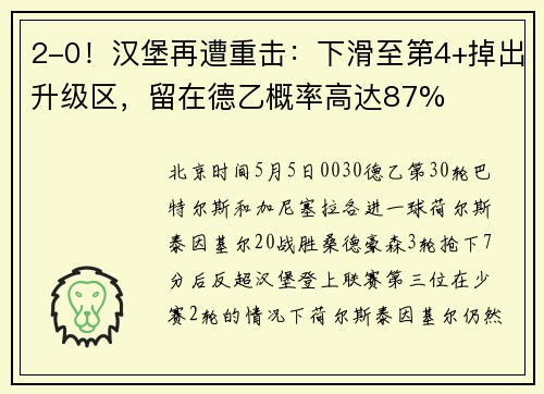 2-0！汉堡再遭重击：下滑至第4+掉出升级区，留在德乙概率高达87%
