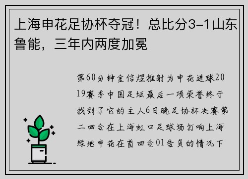 上海申花足协杯夺冠！总比分3-1山东鲁能，三年内两度加冕