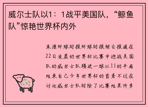 威尔士队以1：1战平美国队，“鲸鱼队”惊艳世界杯内外