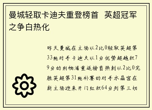 曼城轻取卡迪夫重登榜首  英超冠军之争白热化